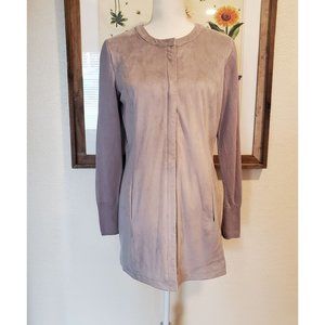 H by Halston Faux Suede Cloth Full Zip Mid Length Jacket Knit Sleeve Women's 2